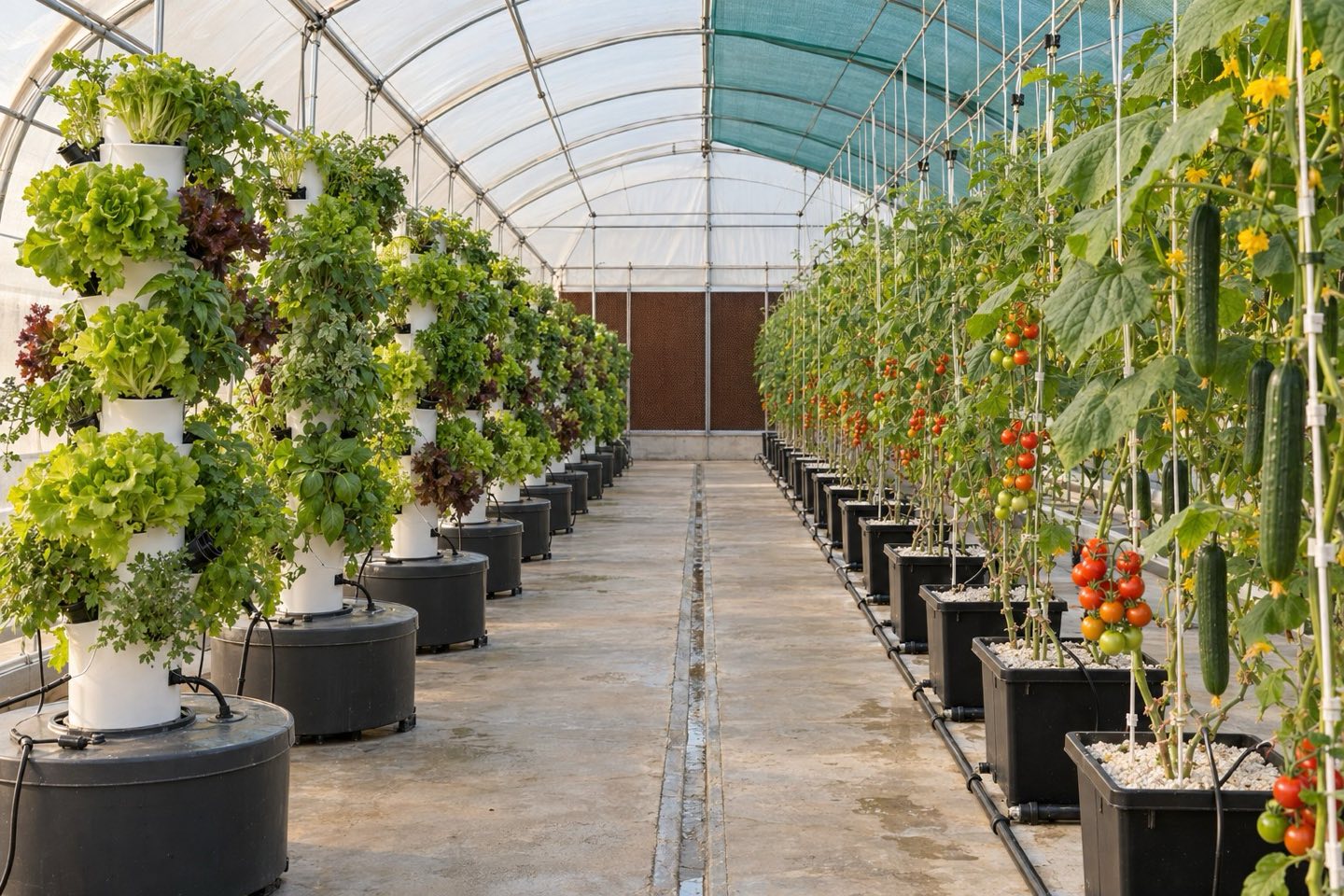 A SmartAgri greenhouse with towers of lettuce and rows of tomatoes and cucumbers