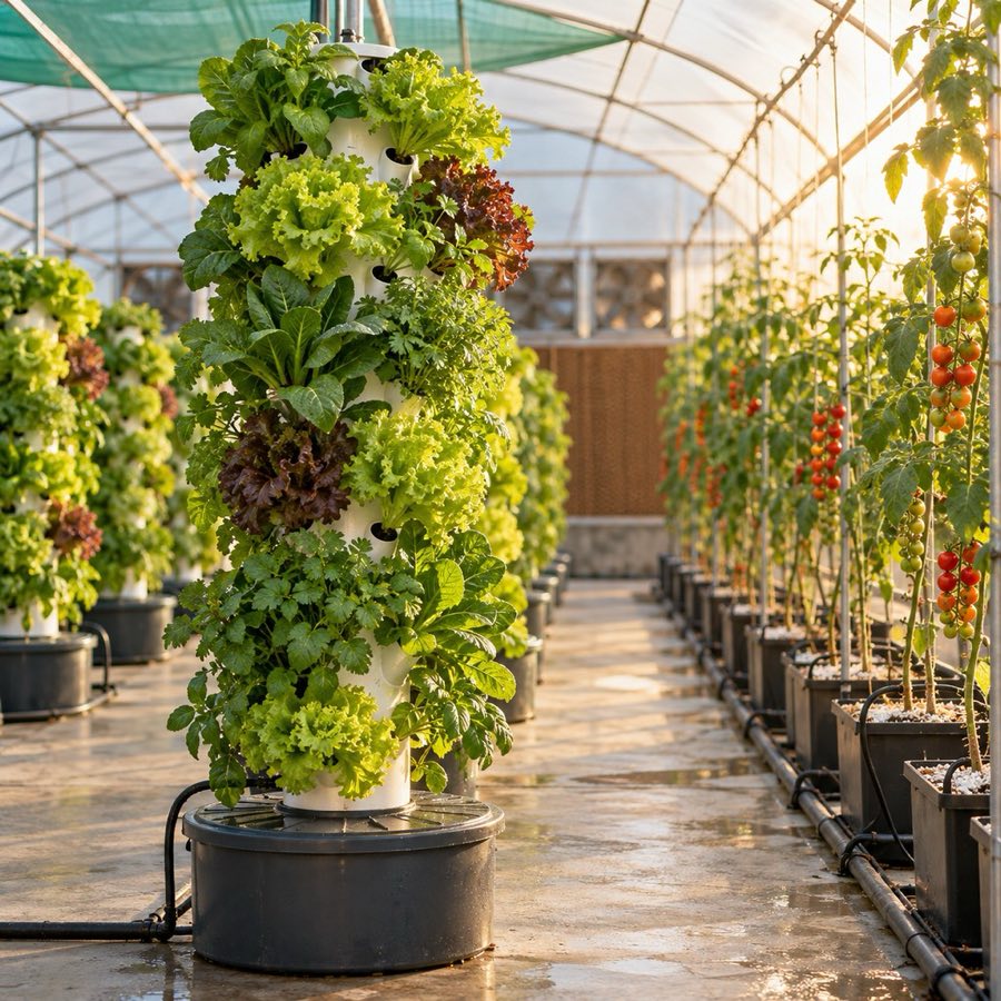 Rows of growing towers inside a greenhouse