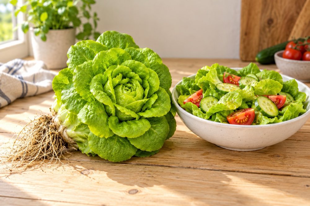 Fresh lettuce and a salad on a kitchen table