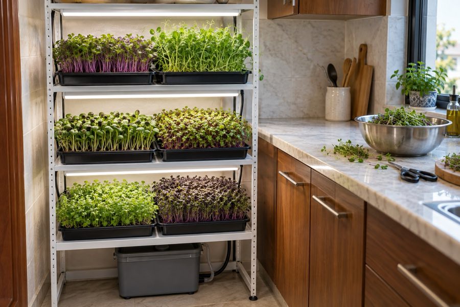 Trays of fresh green sprouts under grow lights