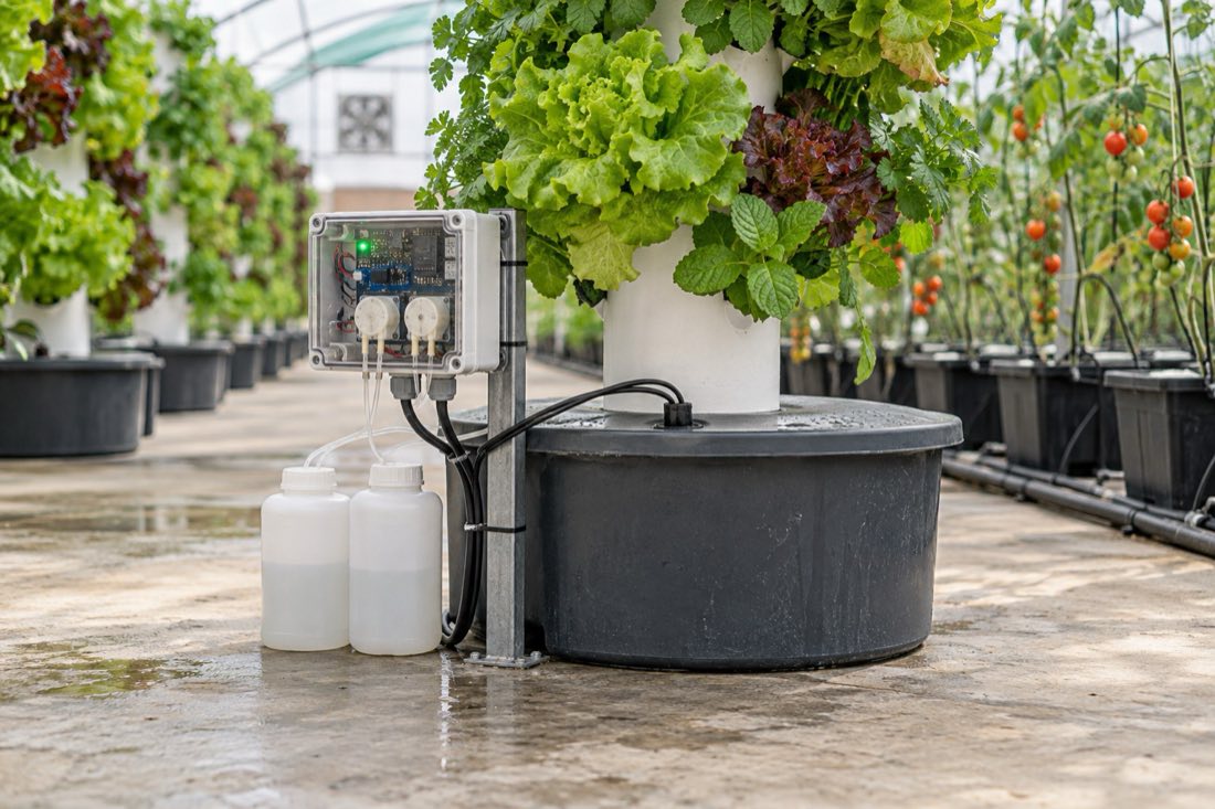 The SmartAgri controller beside a growing tower