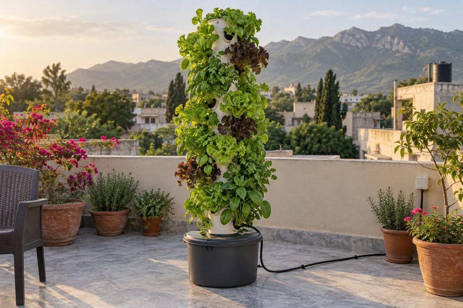 A growing tower full of leafy greens on a rooftop